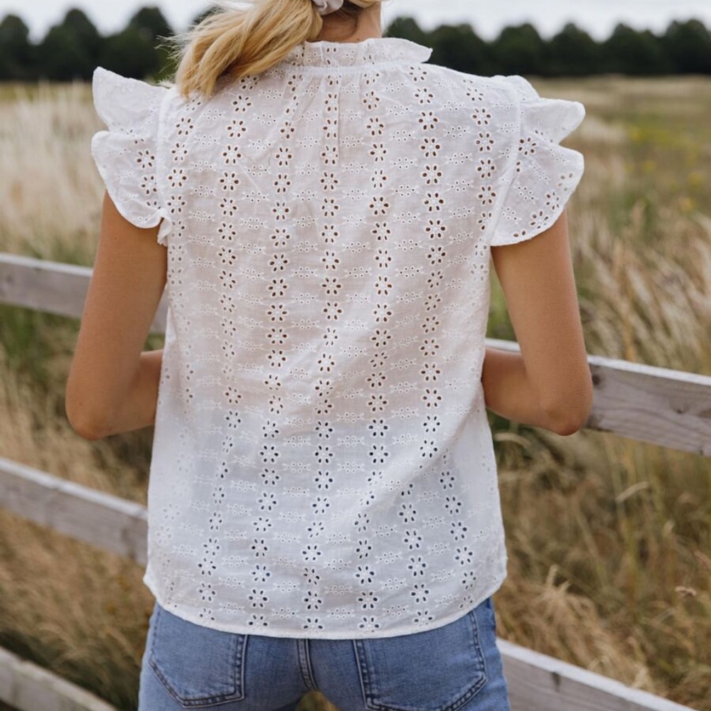 boho frill neck floral print eyelet ruffle top - Picture 4 of 5